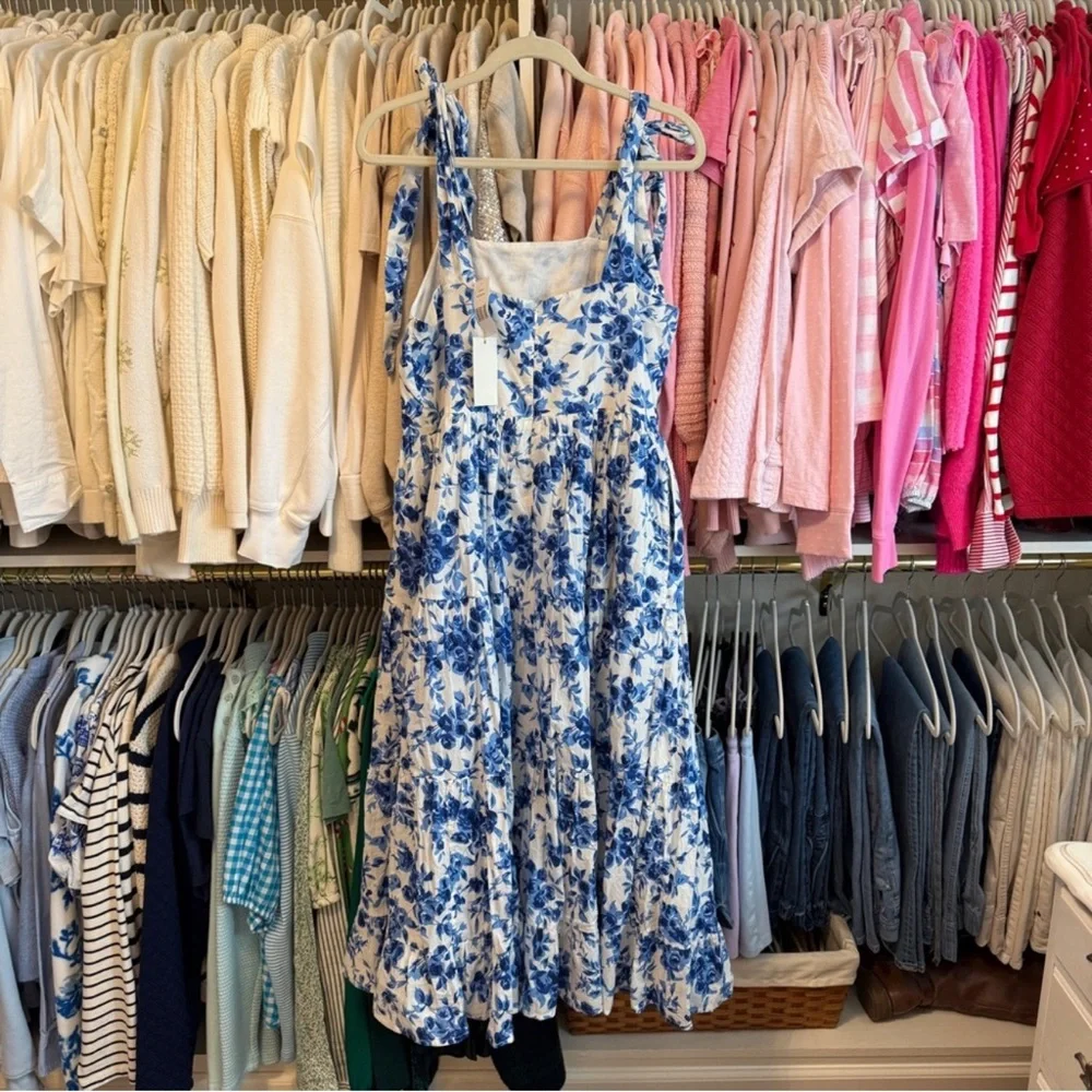 Tuckernuck Blue and White Floral Midi Dress with Tie Straps - Picture 4 of 6